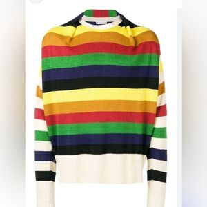 JW Anderson Colorful Striped Linen Crew Neck Sweater with Pleated Neck Detail.